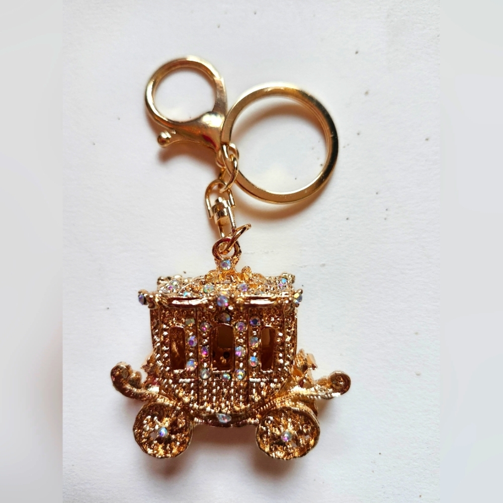 Gold Carriage Keychain Bagcharm with Rhinestones NIP - Picture 2 of 2